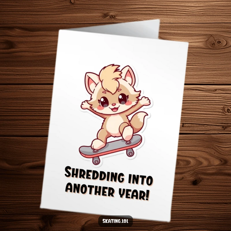 Funny free printable birthday card: A cool furry character smirking while doing a kickflip on a skateboard.