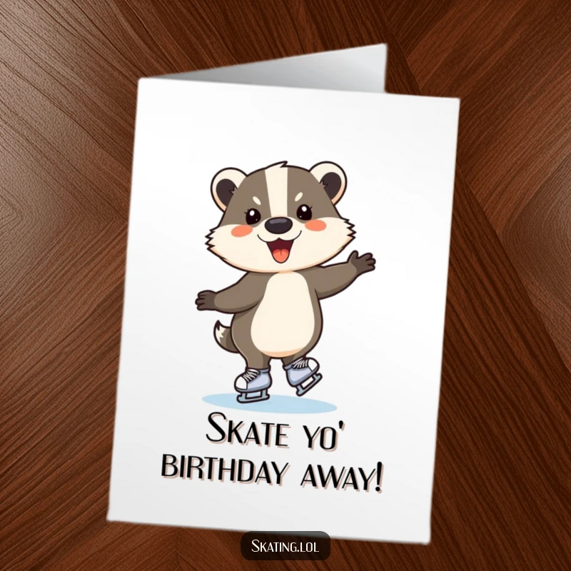 Funny Free Printable Birthday Card: Cheerful badger gracefully spins on ice skates, ready to deliver birthday wishes with a smile.