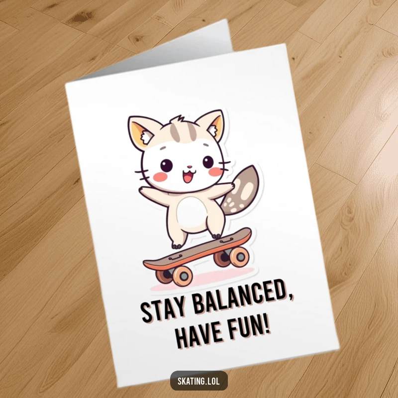 Funny Free Printable Birthday Card: Animal character expertly balancing on one skateboard wheel, celebrating.