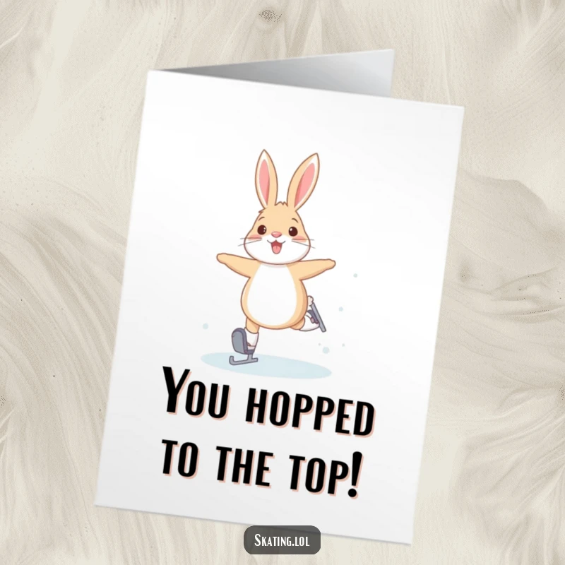 Funny Free Printable Congrats Card: A joyful arctic hare attempts bunny hops on ice skates, celebrating a win.