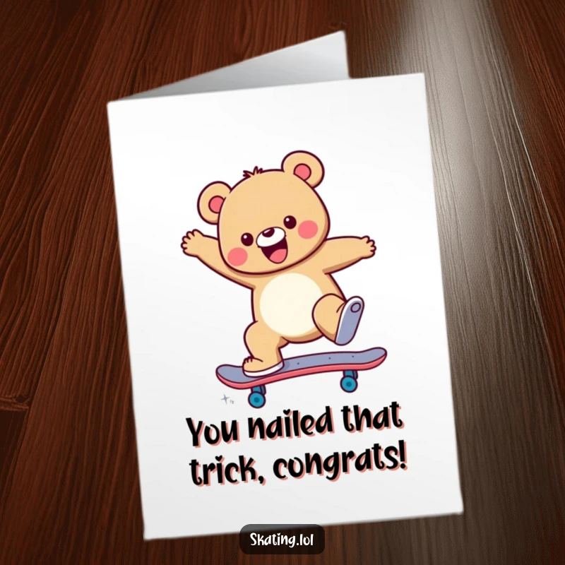 Funny Free Printable Congratulations Card of a bear mid-jump on a skateboard, cheering for success with a huge, happy smile.