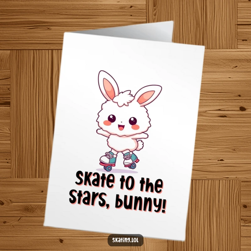 Funny Free Printable Congrats Card: Fluffy bunny character roller skating with a huge smile, celebrating a major achievement with speed.