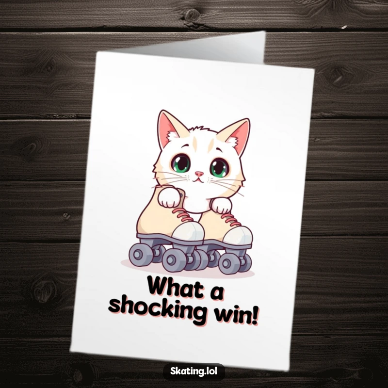 Funny Free Printable Congratulations Card featuring a surprised cat peeking from behind roller skates, celebrating achievements with a quirky twist.