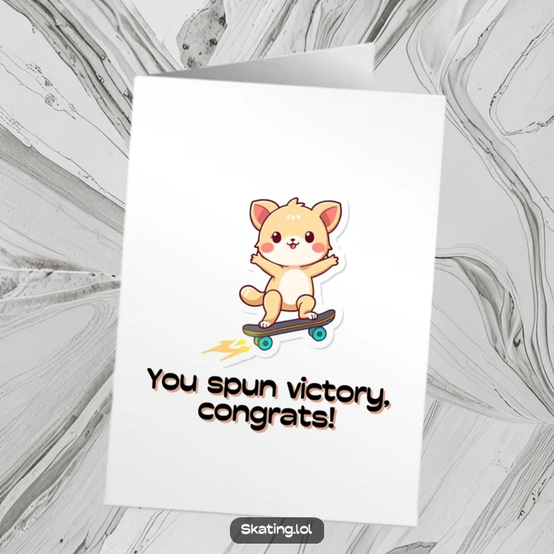Funny Free Printable Congratulations Card: Tiny dog performing a cool skateboard trick with wheels glowing.