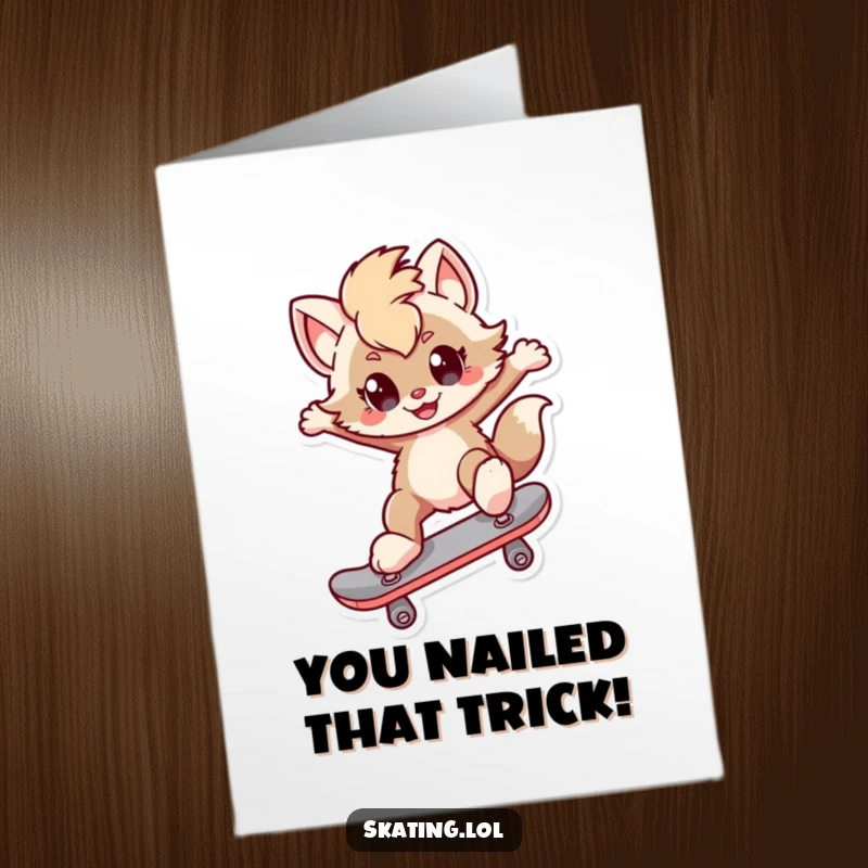 Funny free printable congratulations card: Skateboarding dog with a smirk doing a kickflip, celebrating success.