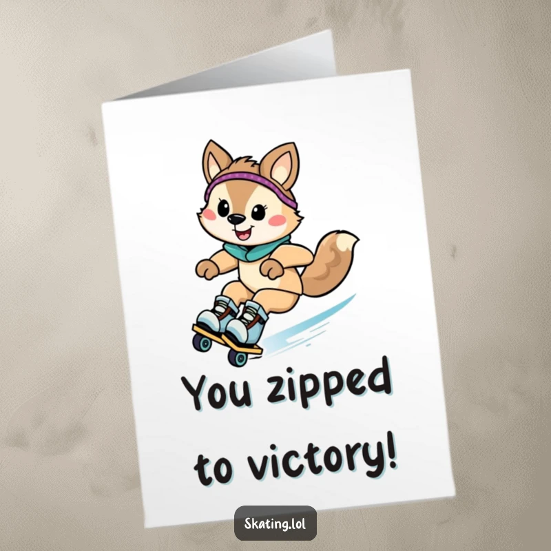 Funny Free Printable Congratulations Card: Animal character speeding downhill on rollerblades with a celebratory grin.