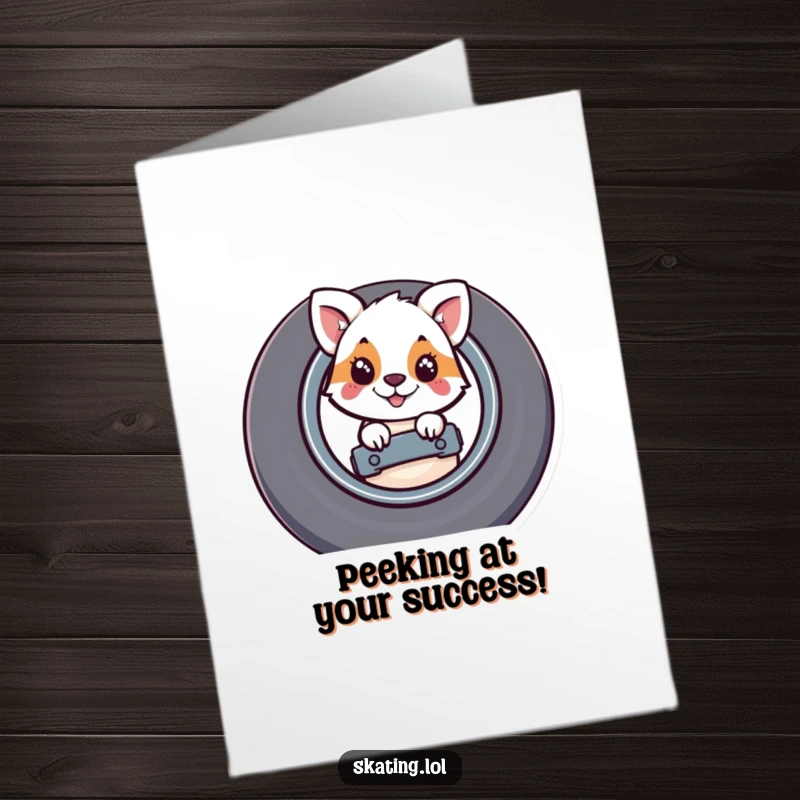 Funny Free Printable Congratulations Card: Whimsical animal peeks out shyly from behind a giant skateboard wheel.