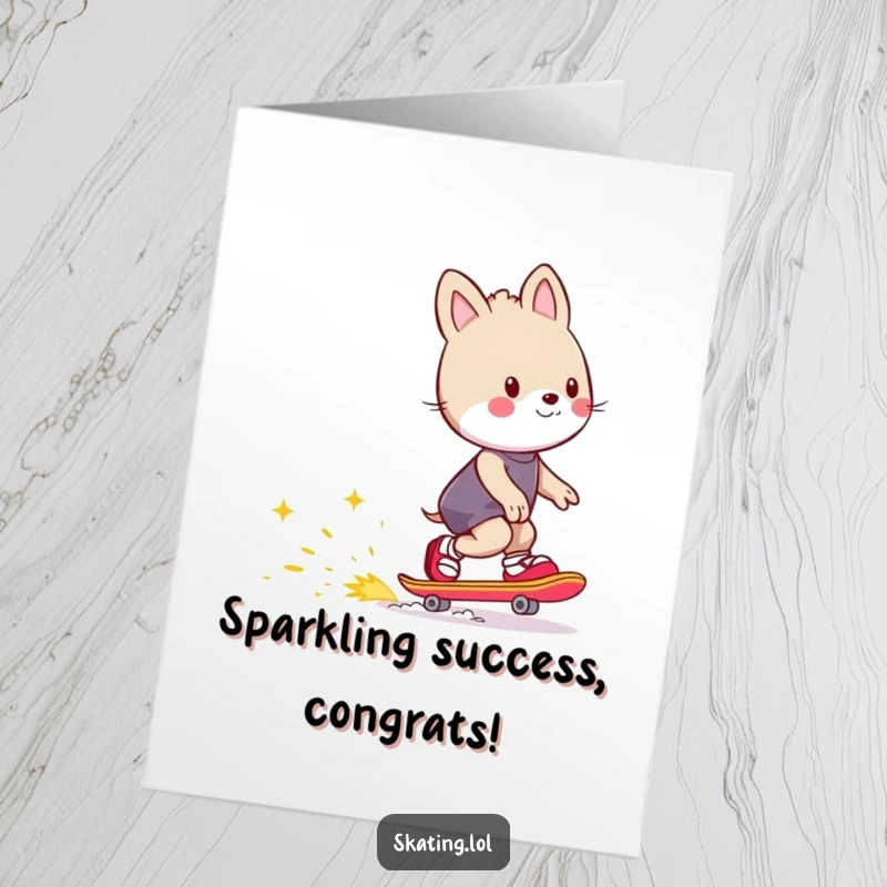 Funny Free Printable Congrats Card: Animal character skating, leaving a trail of bright, happy sparks for success.