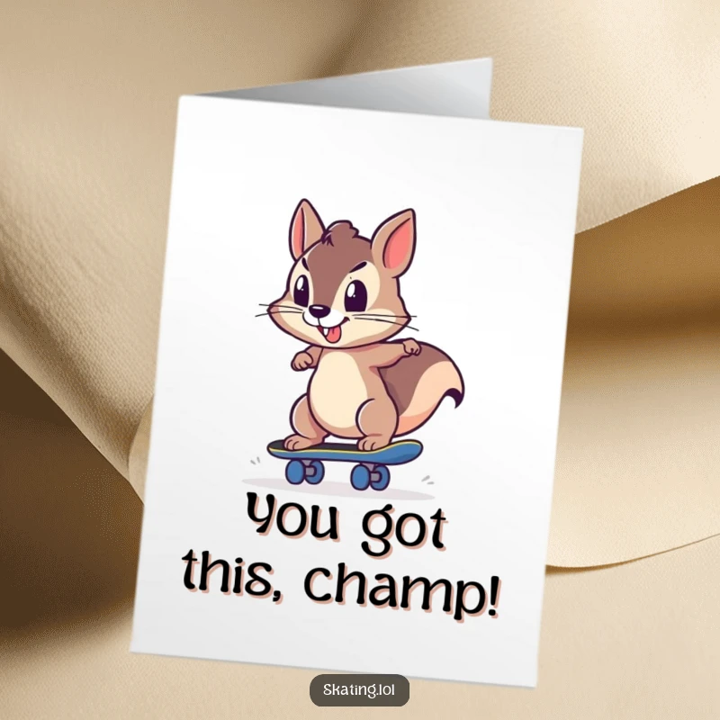 Funny Free Printable Congratulations Card: A determined squirrel powerfully pushing off on a skateboard, celebrating your success.