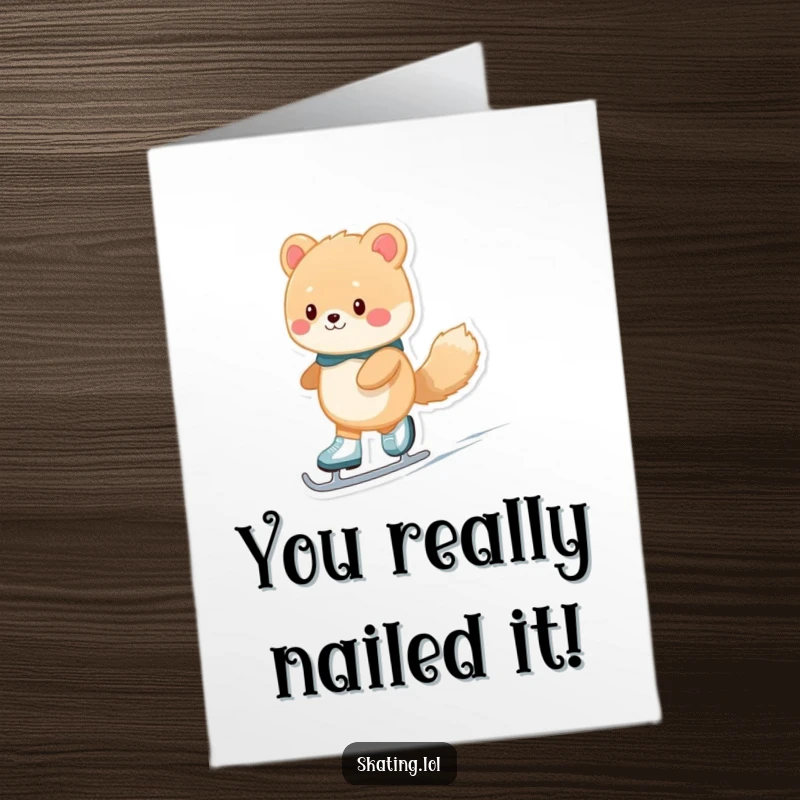 Funny Free Printable Congratulations Card: Fuzzy animal gracefully gliding on ice skates, celebrating a big win.