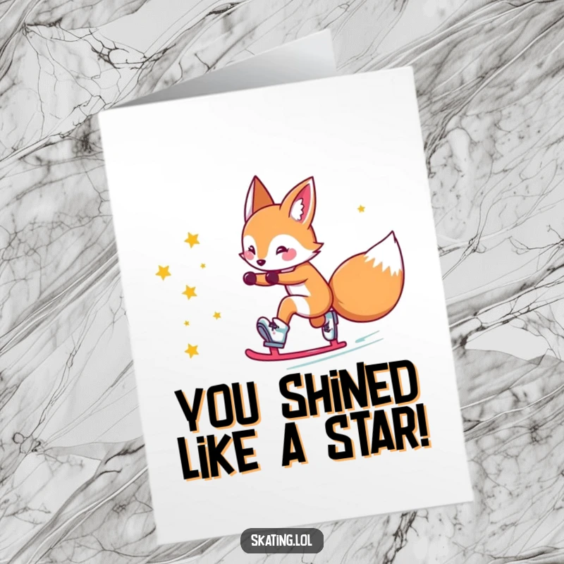 Funny Free Printable Congrats Card: Cute fox character skating on roller skates, leaving a glittering trail of stars, celebrating success.