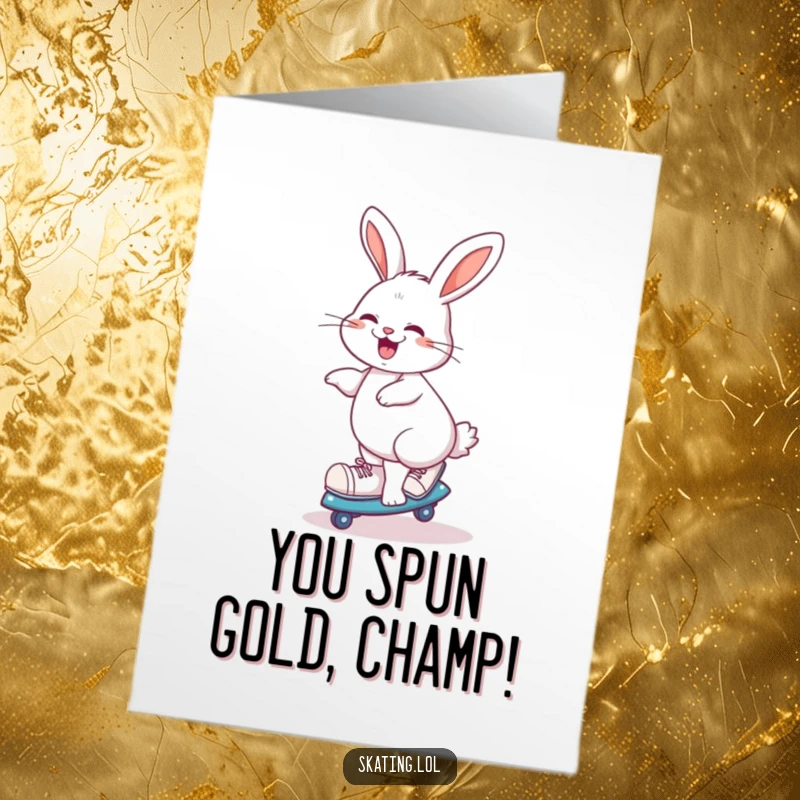 Funny free printable congratulations card featuring a giggling rabbit spinning playfully on roller skates.