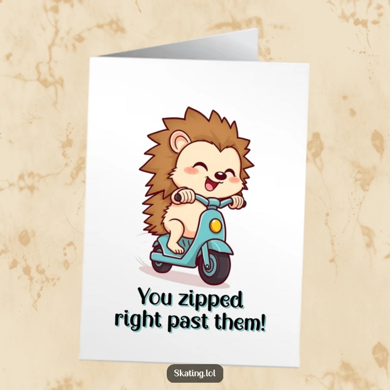 Funny Free Printable Congratulations Card: Small hedgehog on a scooter, zipping downhill with pure delight.