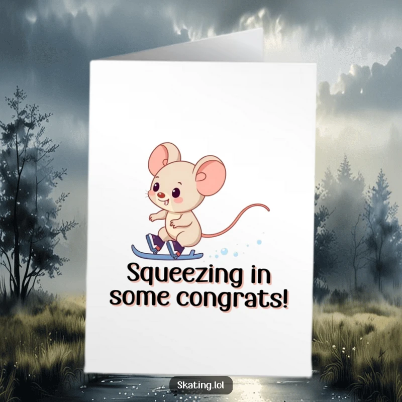 Funny Free Printable Congratulations Card: Giggling mouse celebrates a speedy win, leaving a snowy trail.