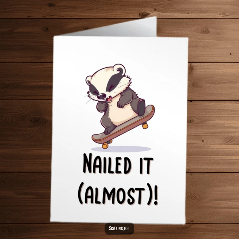 Funny free printable congratulations card showing a clumsy badger succeeding at a skateboard flip despite tangled legs, a true victory.