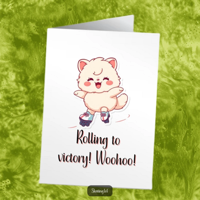 Funny Free Printable Congratulations Card: A fluffy animal grins while smoothly skating on roller skates. Hilarious celebration of success.