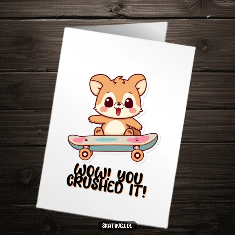 Funny Free Printable Congratulations Card: Playful animal character looks surprised as their skateboard does a trick, celebrating an amazing feat.