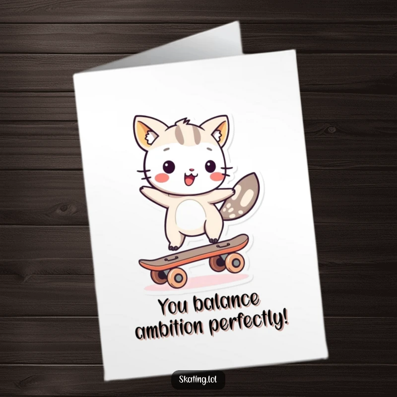 Funny Free Printable Congratulations Card: Animal character skillfully balancing on a single skateboard wheel, achieving success.