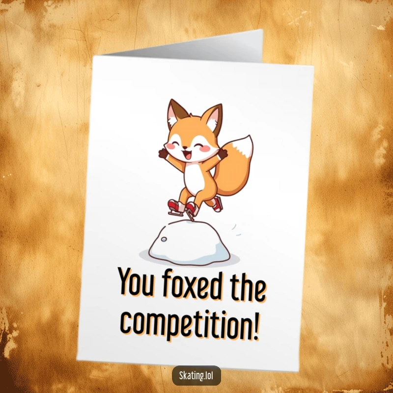 Funny Free Printable Congratulations Card: Cheerful fox shows off skating prowess, leaping over an ice bump.