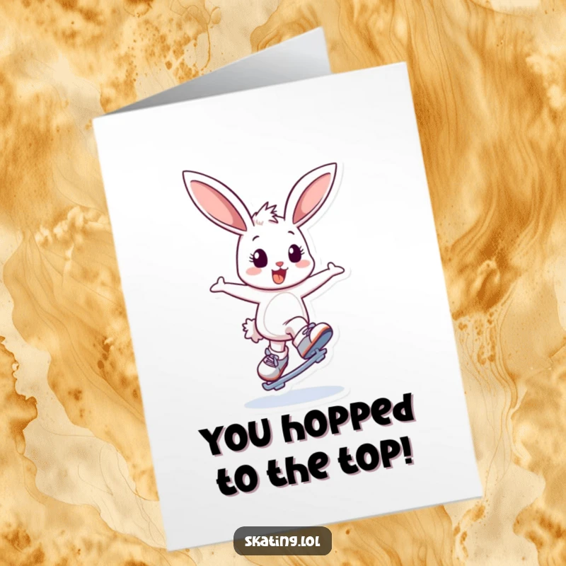 Funny Free Printable Congrats Card: Bouncing bunny attempts a graceful spin on ice skates, looking delighted.