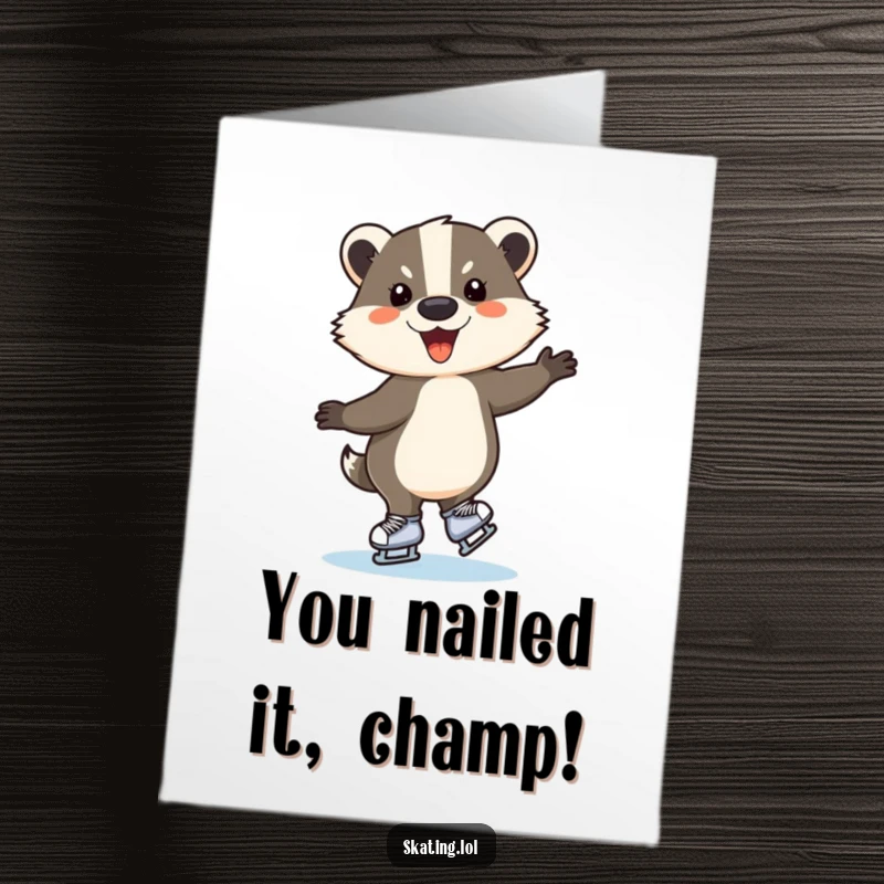 Funny Free Printable Congratulations Card: Enthusiastic badger skates with joy, celebrating impressive achievements with a triumphant spin.