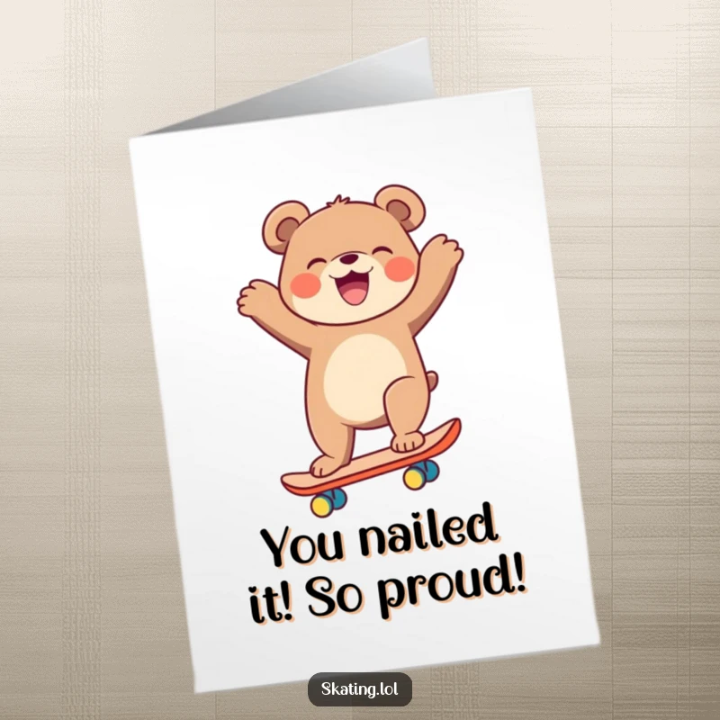 Funny Free Printable Congratulations Card: A laughing bear celebrates a win while precariously balancing on a skateboard, arms flailing wildly.