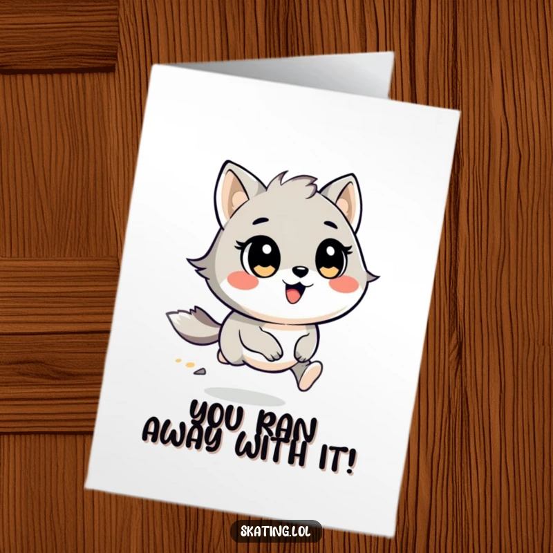 Funny free printable congratulations card: A round animal character with cheerful eyes, racing with wind, celebrating a victory.