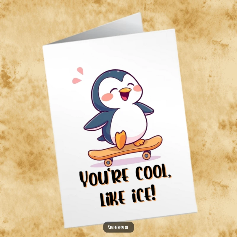 Funny Free Printable Congratulations Card: A happy penguin gliding sideways on a skateboard, celebrating your win with cool satisfaction.