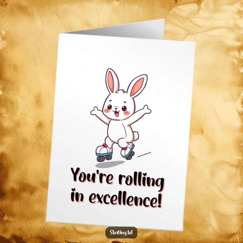 Funny Free Printable Congratulations Card showing a cute bunny joyfully gliding on roller skates, arms outstretched in a triumphant celebration.