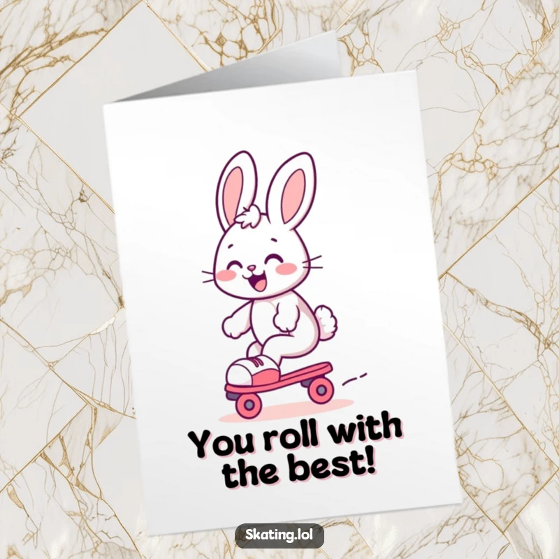 Funny Free Printable Congratulations Card: Cute bunny on roller skates, gliding with pure joy, celebrating achievements.