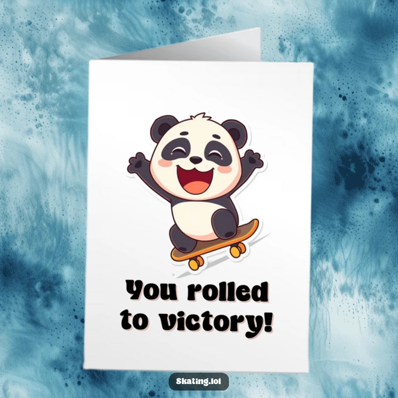Funny Free Printable Congratulations Card: A grinning panda skateboarding downhill, celebrating a big win with enthusiasm.