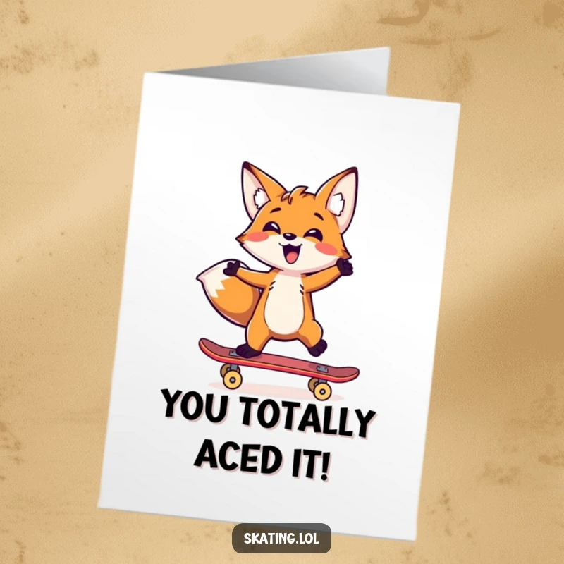 Funny Free Printable Congratulations Card: A cheerful fox attempting to balance on a skateboard, celebrating a win.