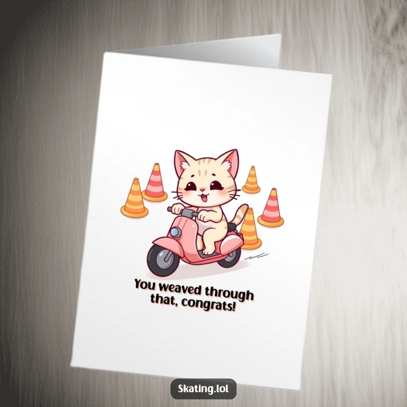 Funny Free Printable Congratulations Card of a playful cat skillfully navigating cones on a scooter, cheering with a happy, zippy vibe.
