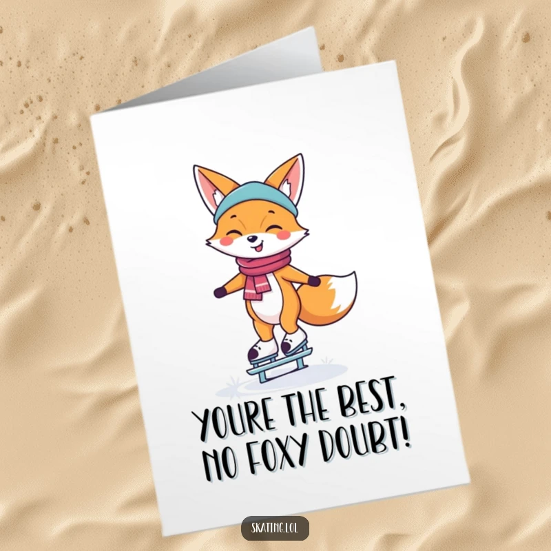 Funny Free Printable Thank You Card featuring a happy fox balancing on ice skates, sending thanks with a graceful smile.