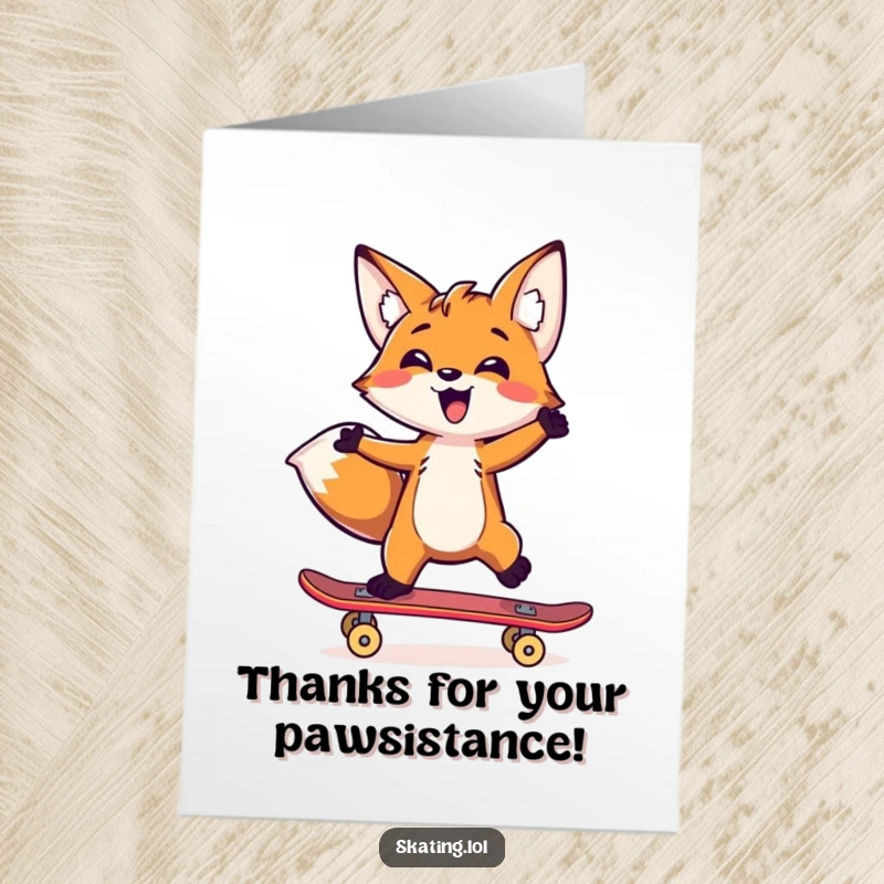 Funny Free Printable Thank You Card: A cheerful fox balancing on one paw on a skateboard, sending thanks.