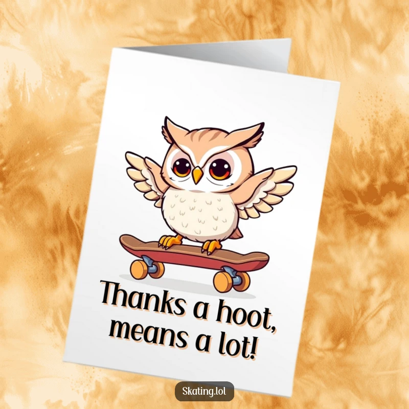 Funny Free Printable Thank You Card: Owl with wings outstretched, cautiously guiding a skateboard in thanks.