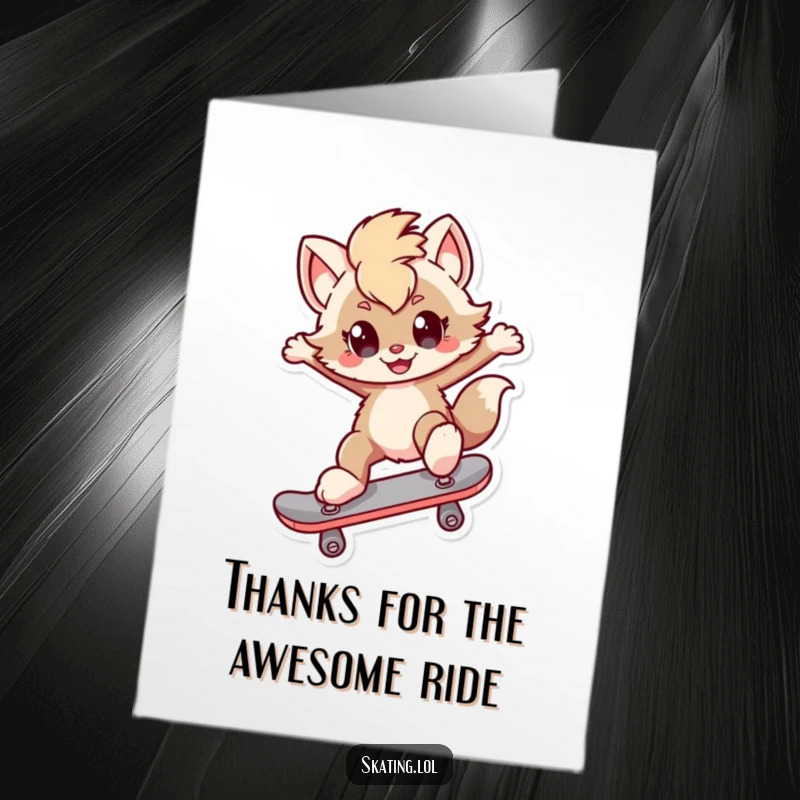 Funny free printable thank you card: A skateboarding dog with a playful smirk executing a perfect kickflip.