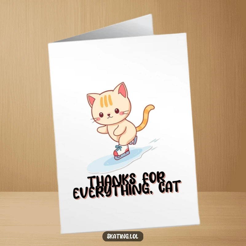 Funny Free Printable Thank You Card: Cute cat skates happily across ice, swirling with gratitude.
