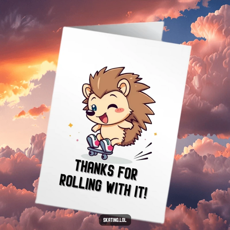 Funny Free Printable Thank You Card: Clumsy hedgehog rolls with thanks, leaving a trail of giggles.