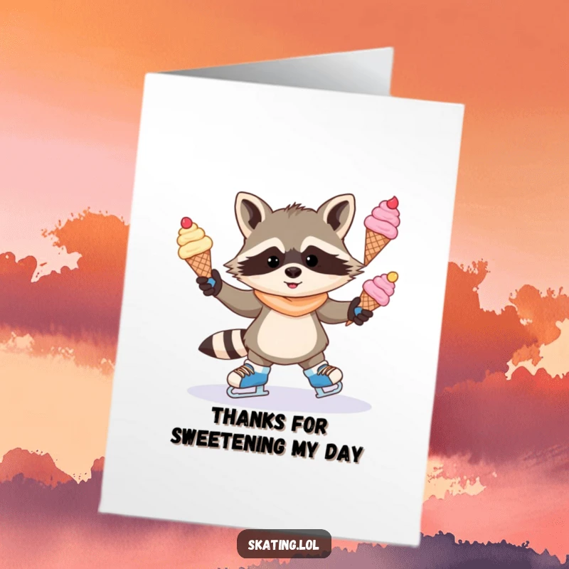 Funny Free Printable Thank You Card: A mischievous raccoon juggles ice cream cones on ice skates, thanking sweetly.