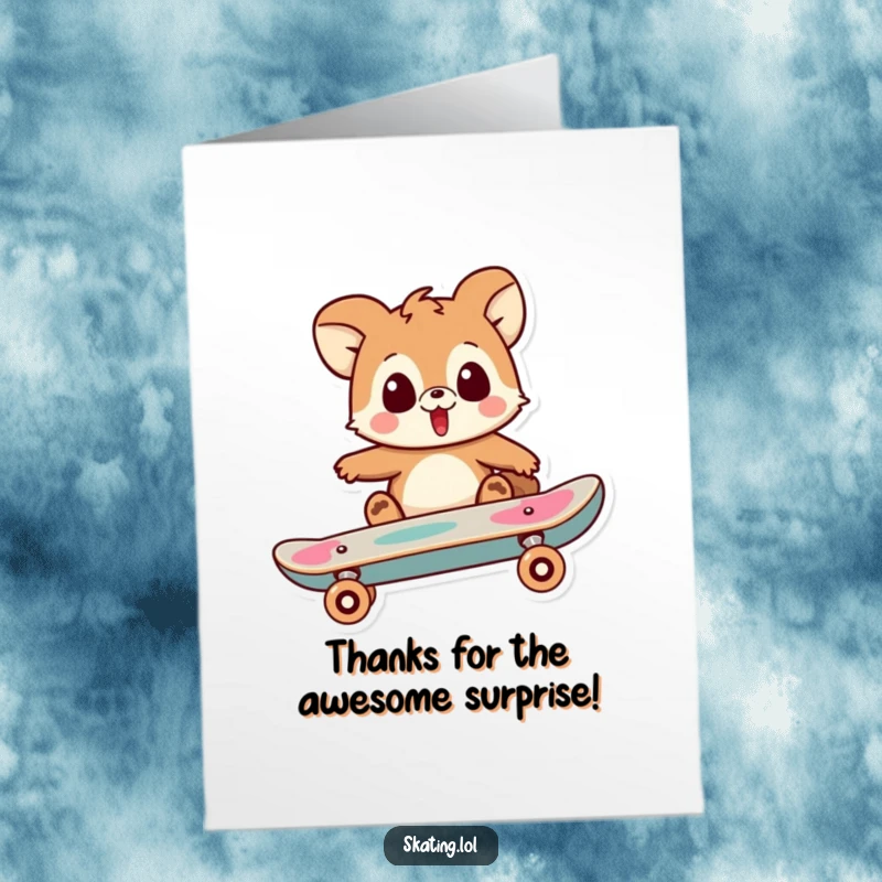 Funny Free Printable Thank You Card: Playful animal character looking surprised as their skateboard performs an awesome trick.
