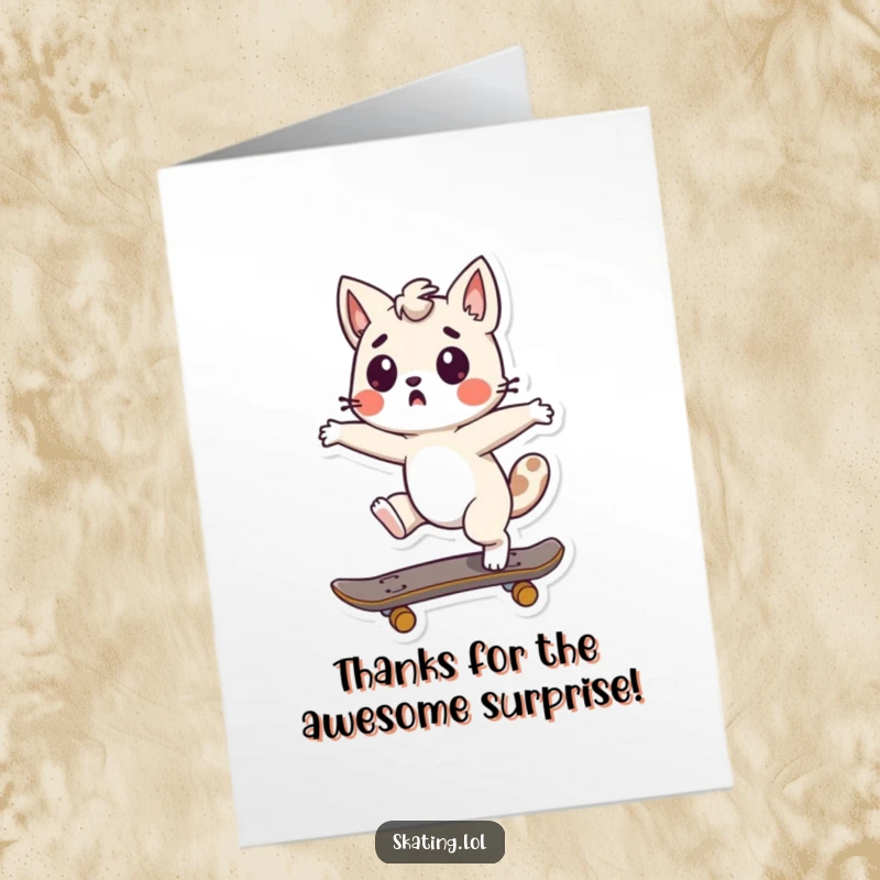Funny Free Printable Thank You Card: A cute animal character caught mid-spin on a skateboard, looking surprised. Humorous gratitude.