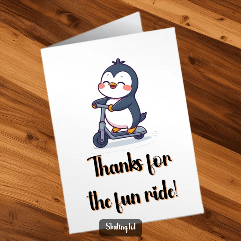 Funny free printable thank you card with a happy penguin gliding on a kick scooter, expressing gratitude with infectious enthusiasm.