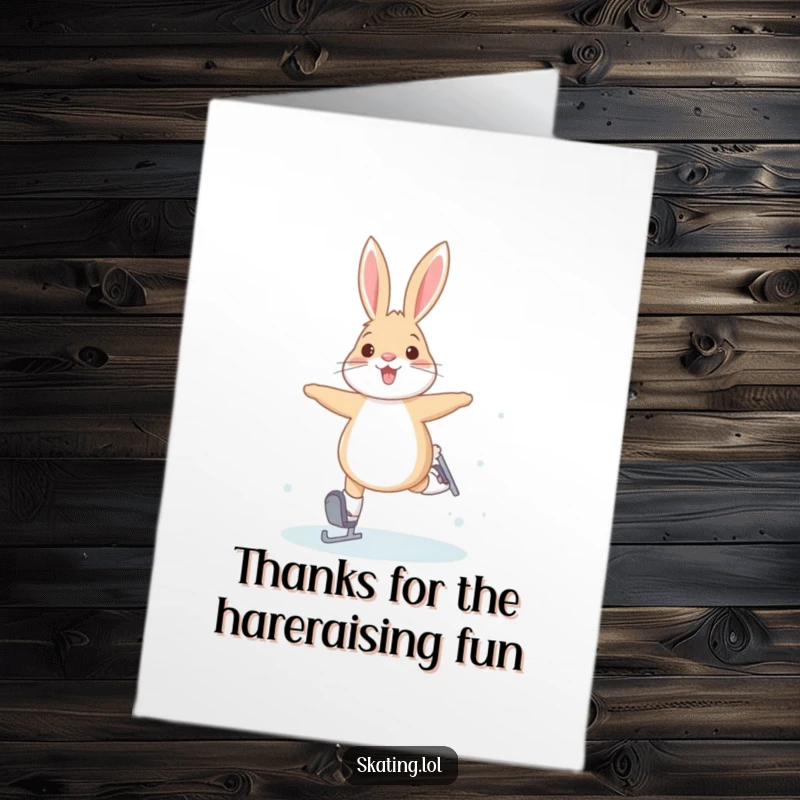 Funny Free Printable Thank You Card: A joyful arctic hare hops on ice skates, expressing thanks playfully.