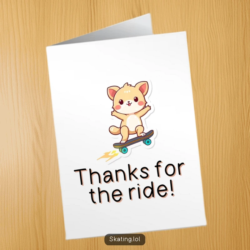 Funny Free Printable Thank You Card: Tiny dog on a skateboard shows gratitude with glowing wheels.