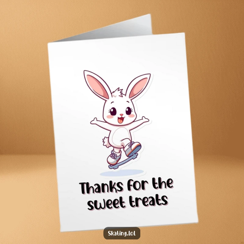 Funny Free Printable Thank You Card: Bouncing bunny skates with delight, attempting a graceful spin.
