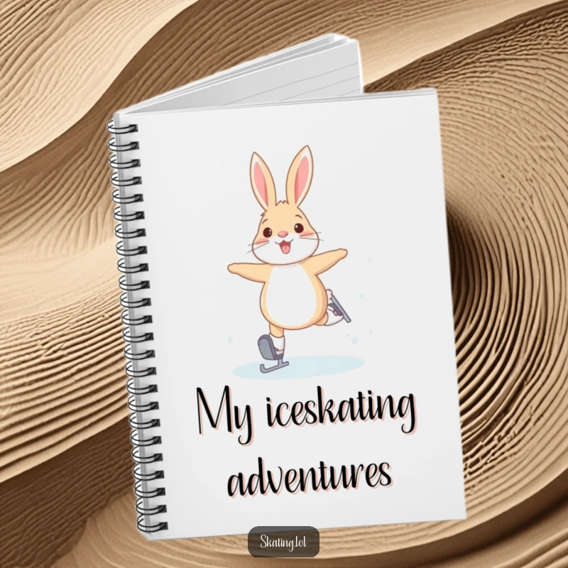 Funny notebook cover with a joyful arctic hare attempting bunny hops on ice skates, designed for skaters and winter lovers.