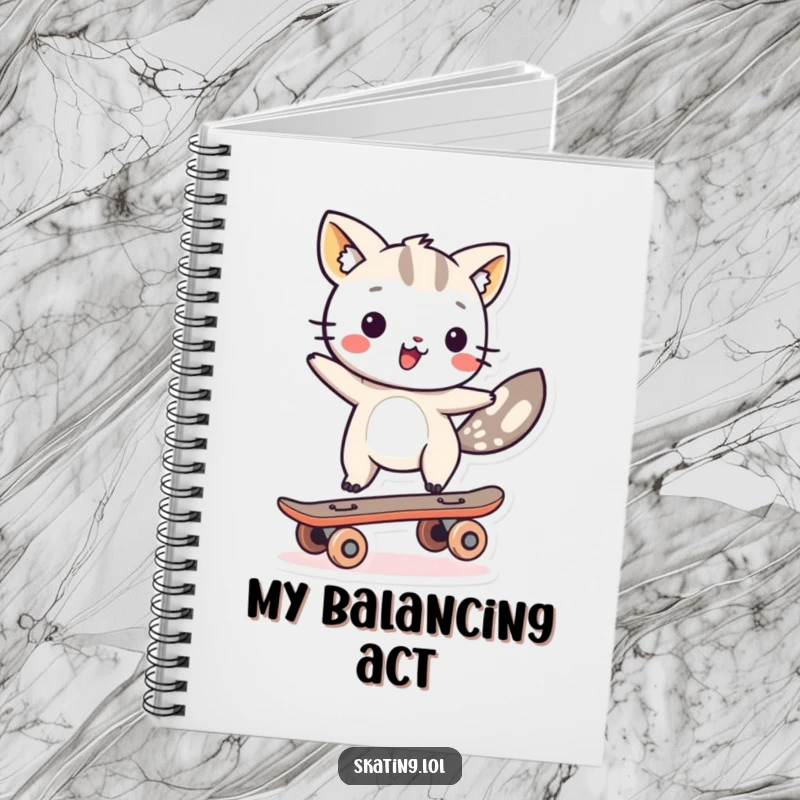 Funny animal character balancing on a single skateboard wheel on the cover of a notebook, perfect for comedic note-taking.