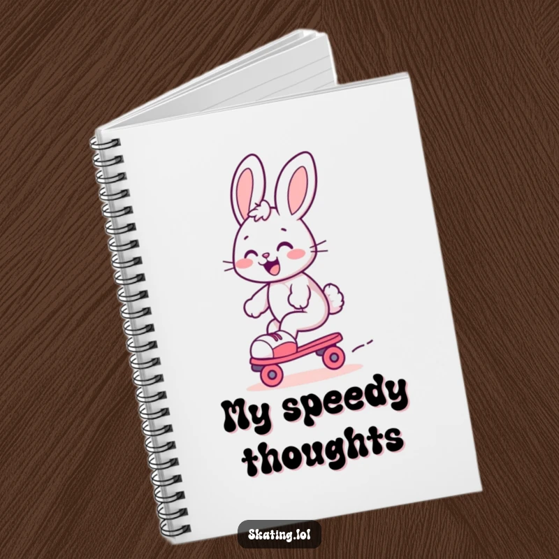 Funny bunny notebook, a cute bunny gleefully gliding on roller skates with a joyful expression, making notes fun.