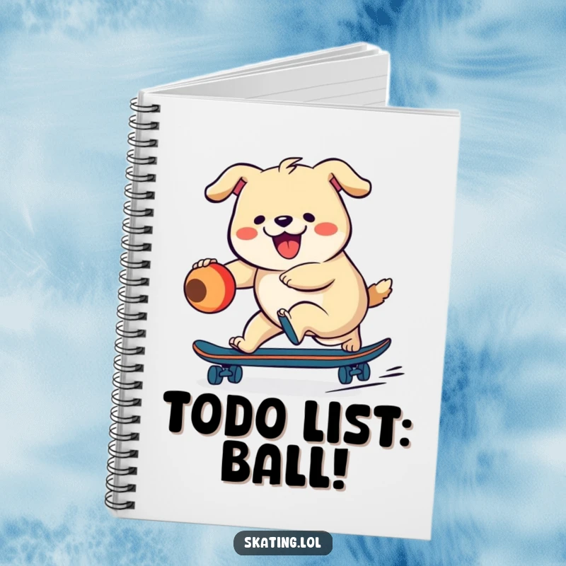 Funny dog on a skateboard, chasing a ball, illustrated on a notebook cover for writing and drawing with humorous intent.